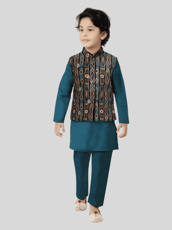 Boys Traditional Self Design Chudidar Kurta with Koti - Navy Blue