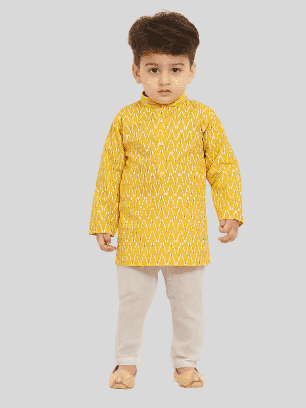 Boys Traditional Printed Chudidar Kurta Set - Yellow