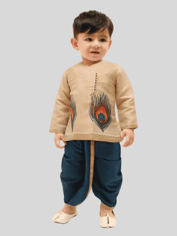 Boys Traditional Printed Dhoti Kurta Set - Blue