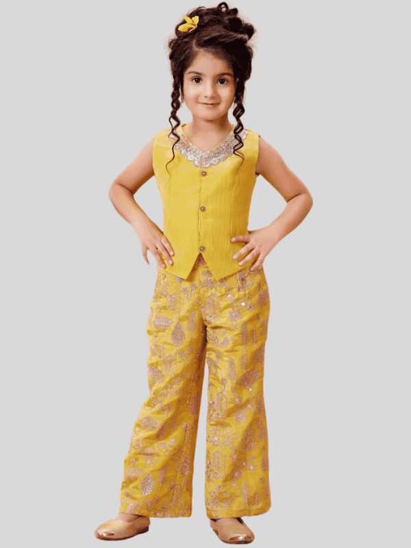 Girls Traditional Sleeves Less Plazo Set - Yellow
