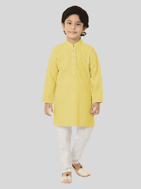 Boys Traditional Self Design Chudidar Kurta Set - Yellow