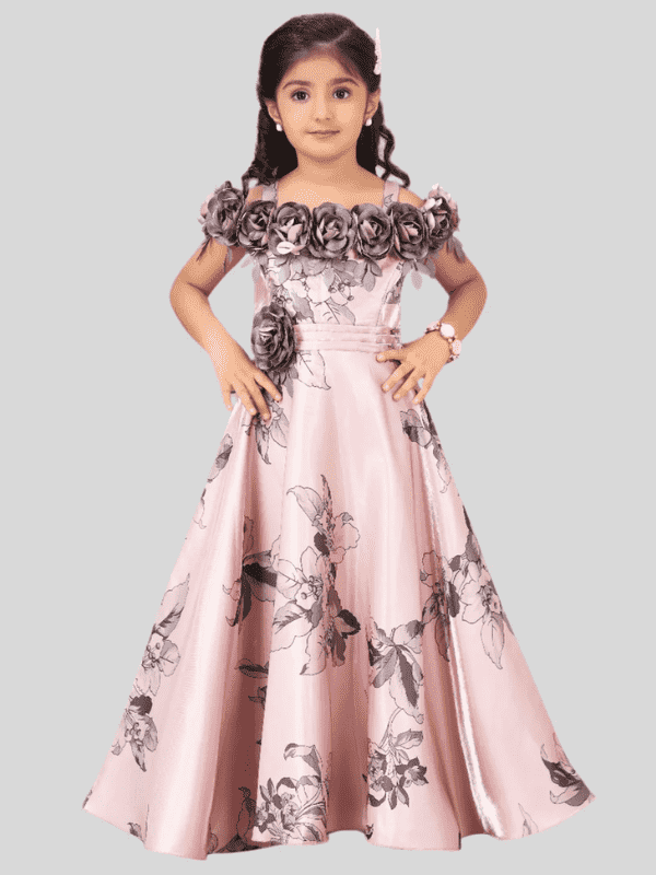 Girls Party Satin Western Gown With Work- Peach
