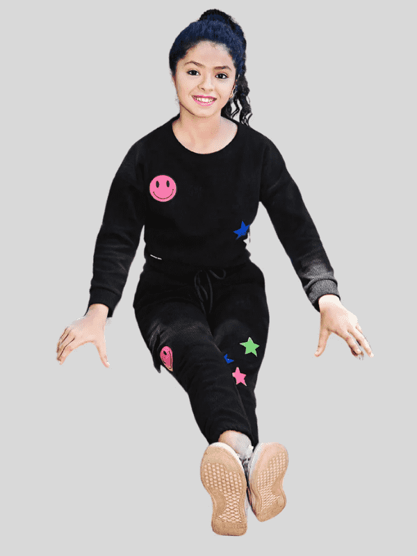Girls Casual Plain Full Sleeves Track Pant Set - Black