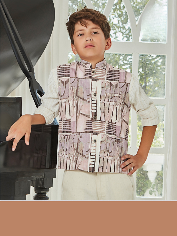 Boys Party Waist Coat with Shirt High Neck-Pink