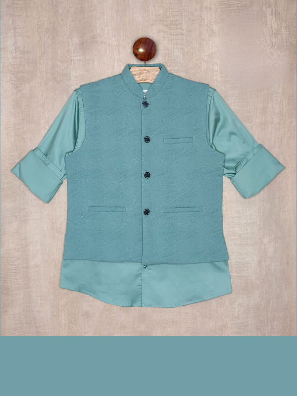 Boys Party Waist Coat with Shirt V Neck-Green