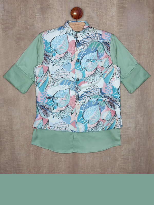 Boys Party Waist Coat with Shirt High Neck-C.Green