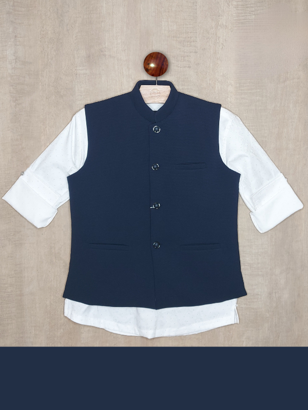 Boys Party Waist Coat with Shirt V Neck-Navy Blue