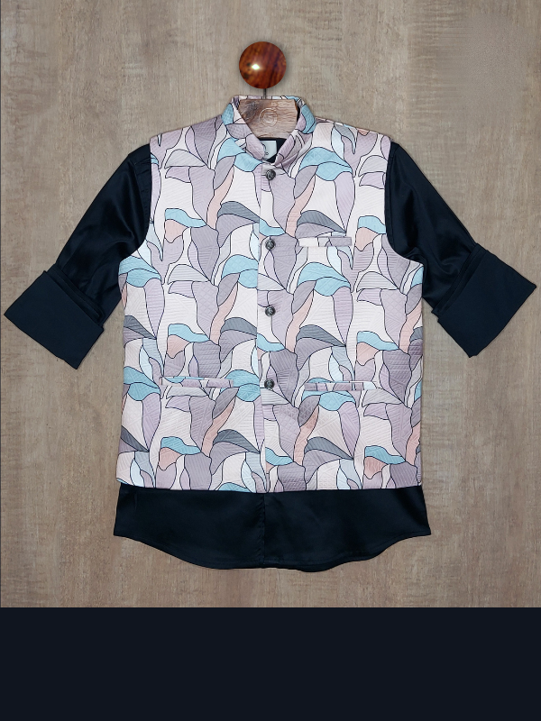 Boys Party Waist Coat with Shirt High Neck-Peach