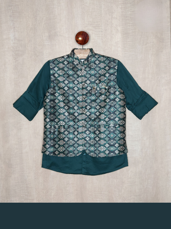 Boys Party Waist Coat with Shirt High Neck-Green