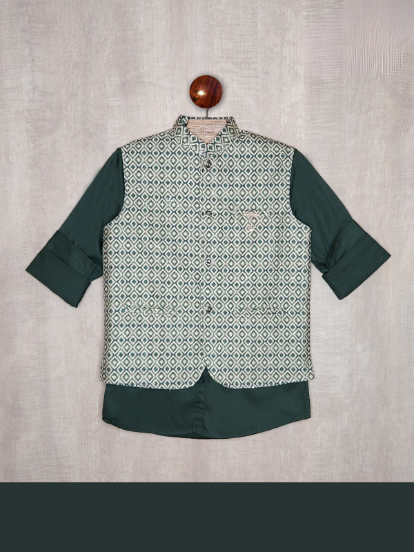 Boys Party Waist Coat with Shirt High Neck-Green