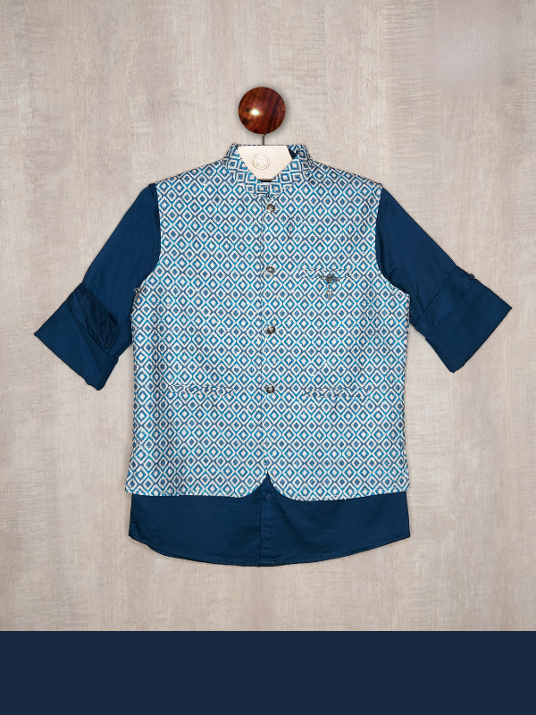 Boys Party Waist Coat with Shirt High Neck-Blue