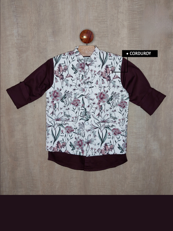 Boys Party Waist Coat with Shirt High Neck-Maroon
