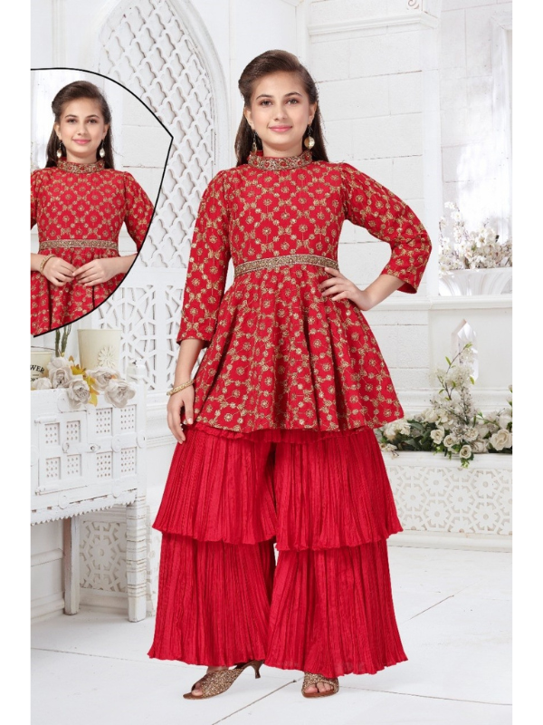 Girls Traditional 3/4th Sleeves Ghagara Set - Red
