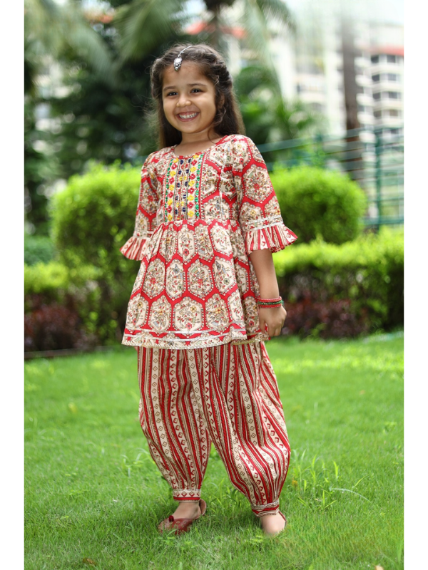 Girls Traditional 3/4th Sleeves Patiala Set - Red