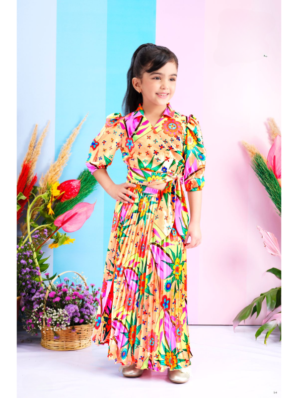 Girls Casual Printed 3/4th Sleeves Skirt Two Pc Set - Peach