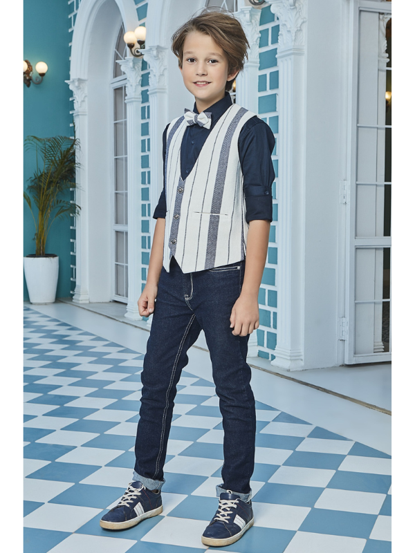 Boys Party Waist Coat with Shirt V Neck-Cream