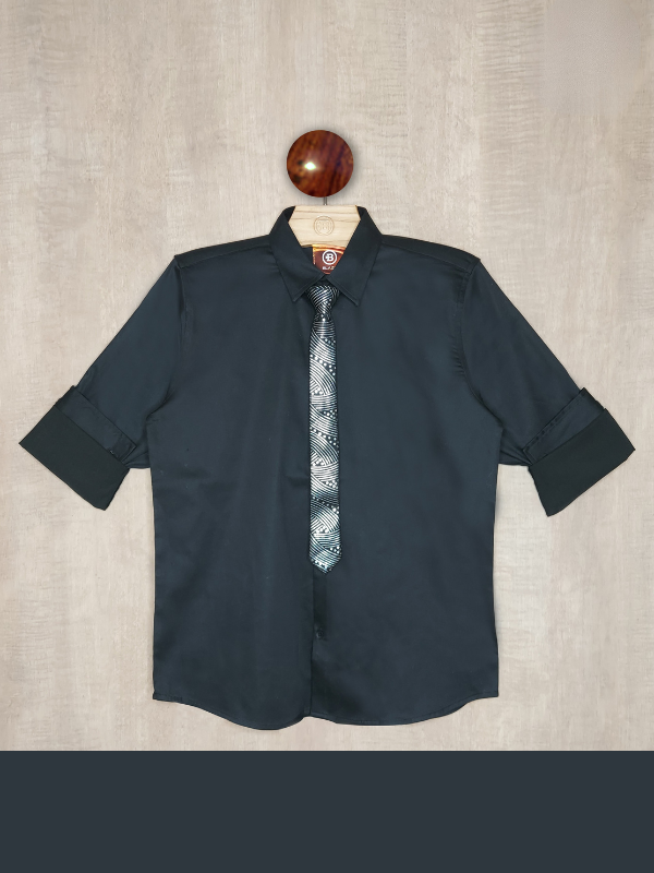 Boys Casual Full Sleeves Plain Shirt With Tie - Black