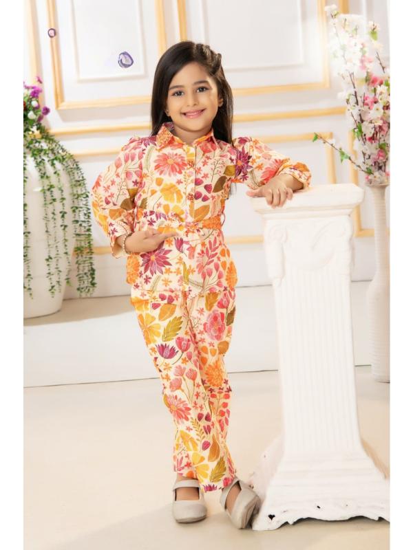 Girls Peach and Mustard Floral Printed Shirt Tunic with Trouser Set