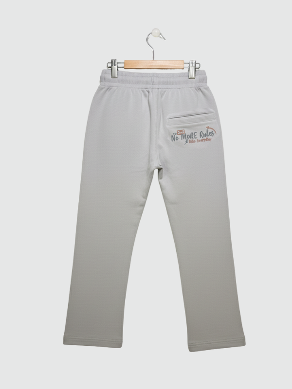 Full-length image of light grey boys' track pants with skate-themed graphics hanging on a wooden hanger against a neutral background.