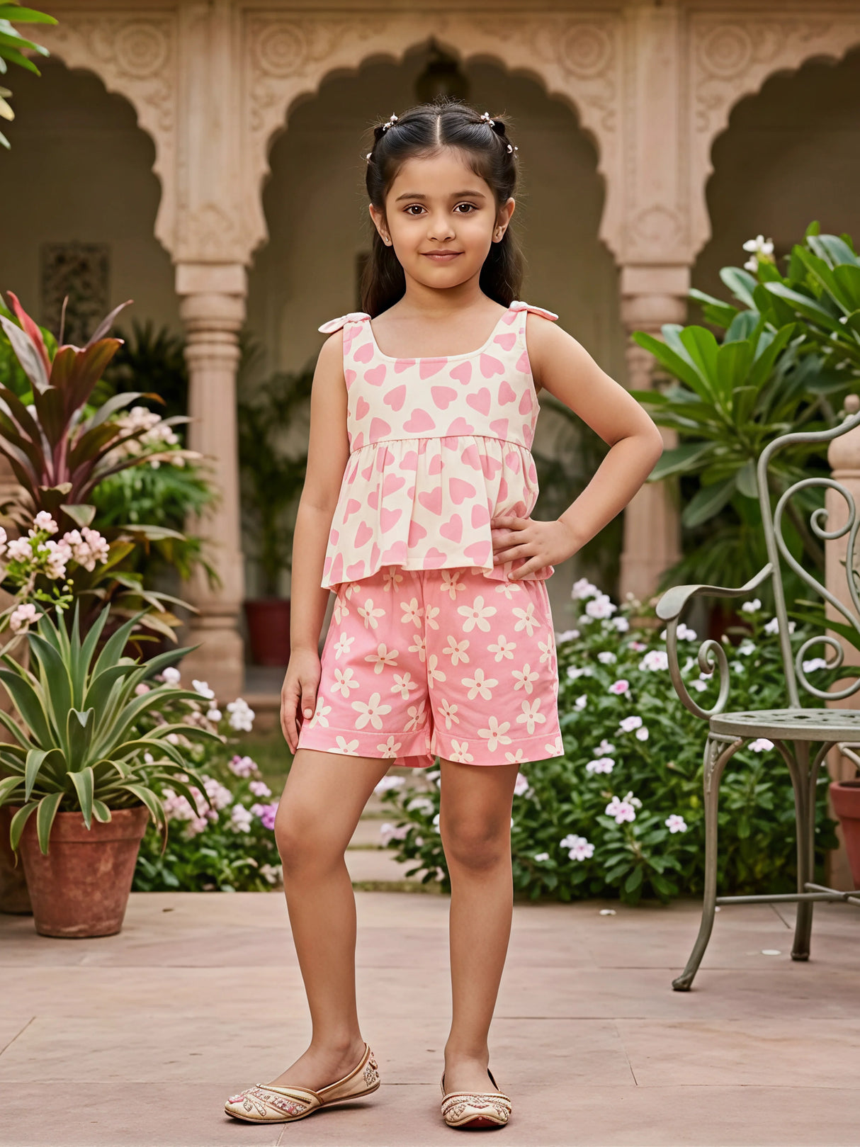 Girls Pink Heart & Floral Printed Shorts Set