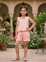 Girls Pink Heart & Floral Printed Shorts Set