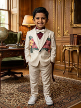 Boys Cream Floral Embroidered 3-Piece Coat Suit Set