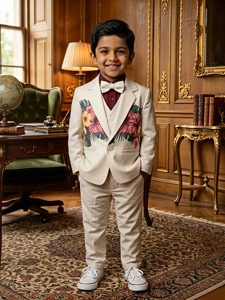 Boys Cream Floral Embroidered 3-Piece Coat Suit Set