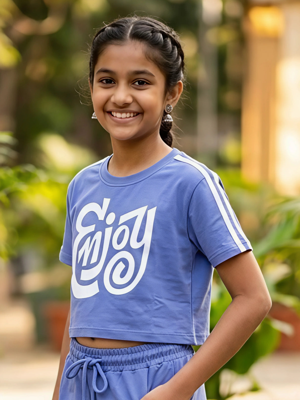 Girls' Purple "Enjoy" Sporty Coordinate Set - 2-Piece Crop Top & Cargo Shorts
