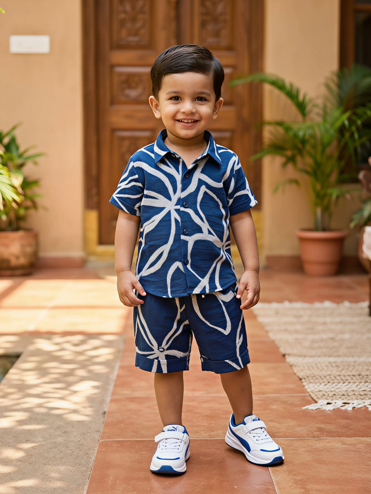 Navy Blue Abstract Print Boys Co-ord Set.
