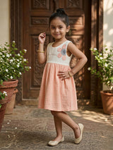 Dual-Tone Peach Cotton Frock with Floral Embroidery