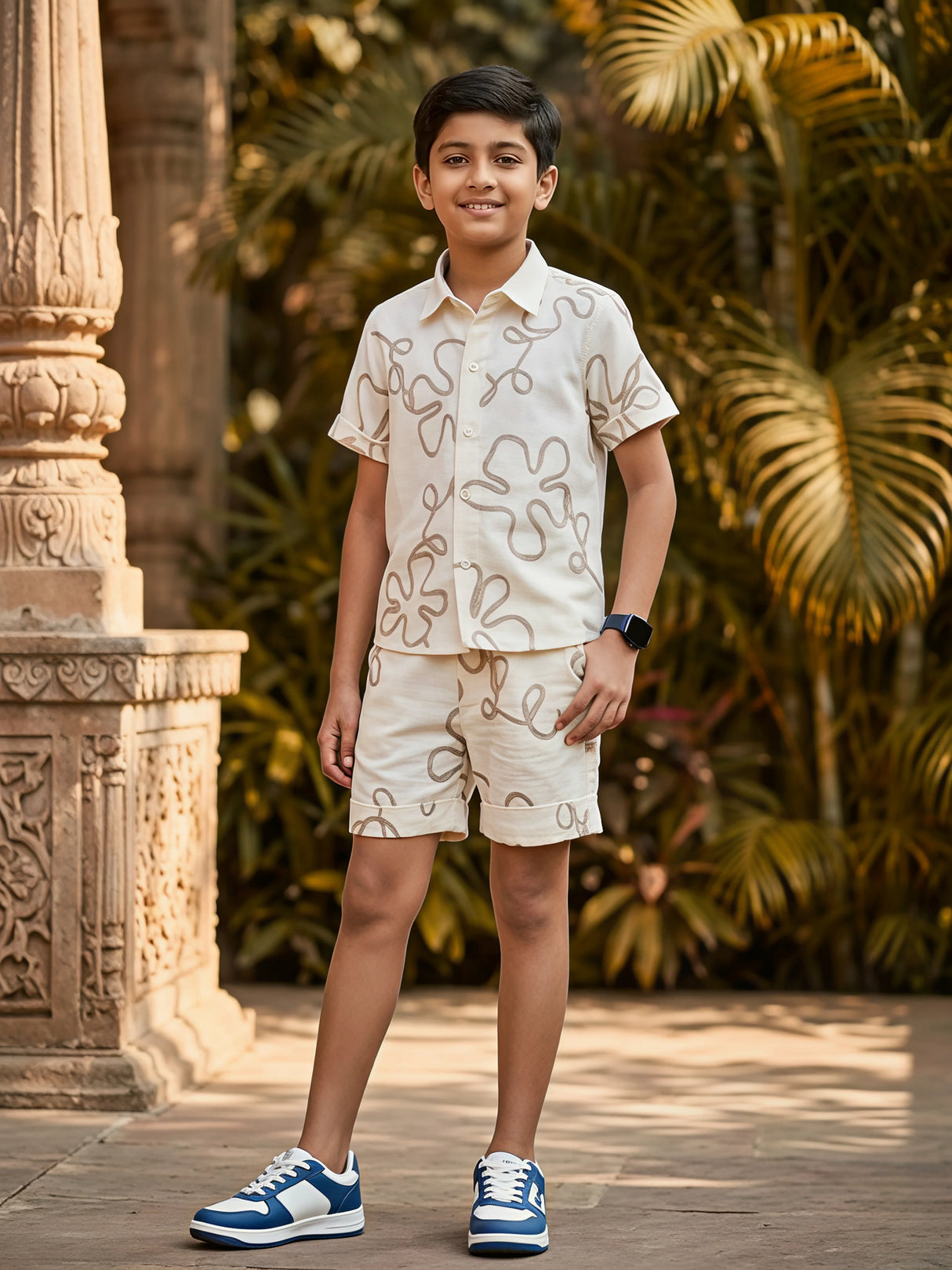 Boys Cream Abstract Print Cotton Co-ord Set.