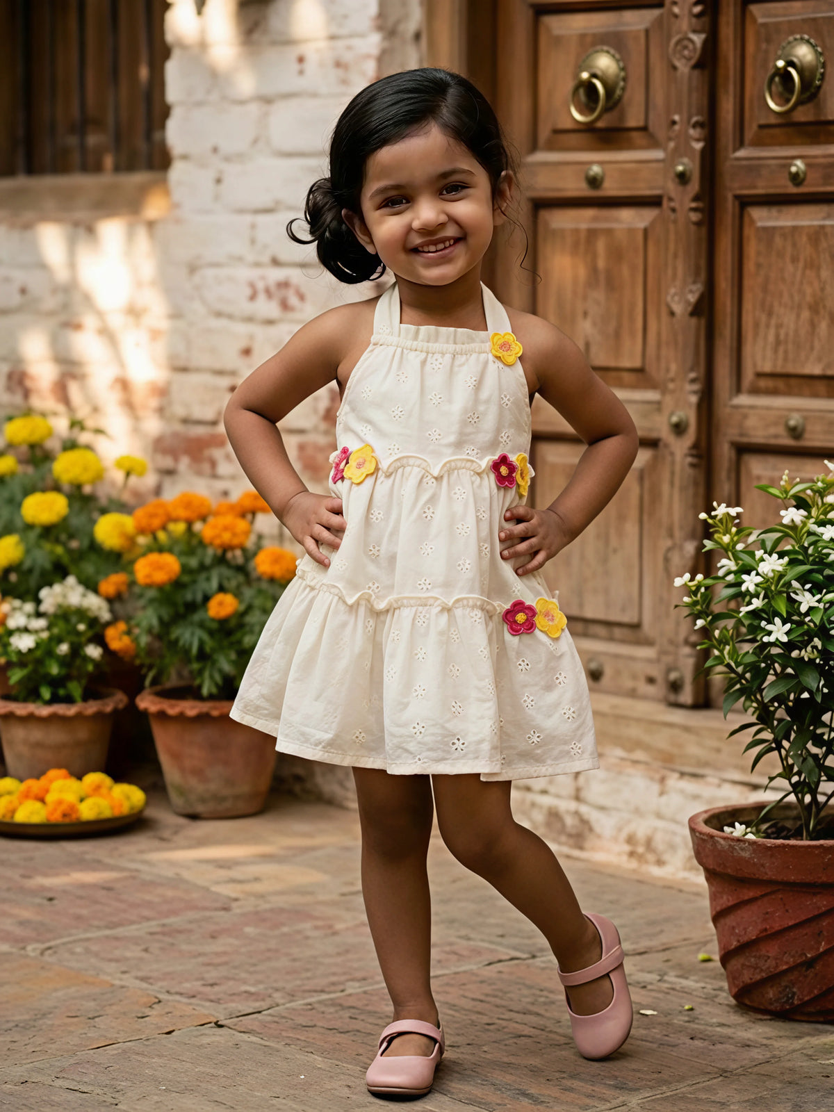 Little Girls' Sun-Kissed Yellow Floral Appliqué Cotton Frock
