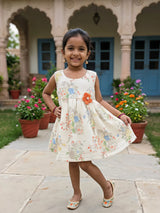 Floral Printed Cream Cotton Frock with Orange 3D Flower