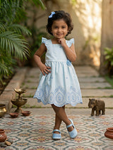 Little Blossom Blue Embroidered Cotton Frock with Ruffle Sleeves