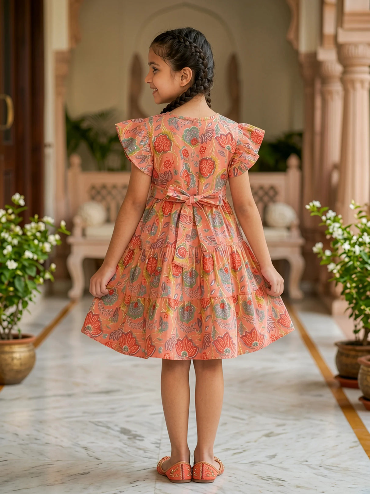 Vibrant Orange Floral Cotton Frock for Girls