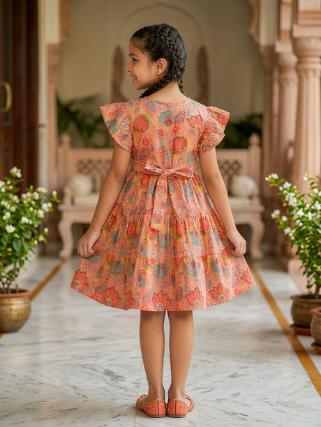 Vibrant Orange Floral Cotton Frock for Girls