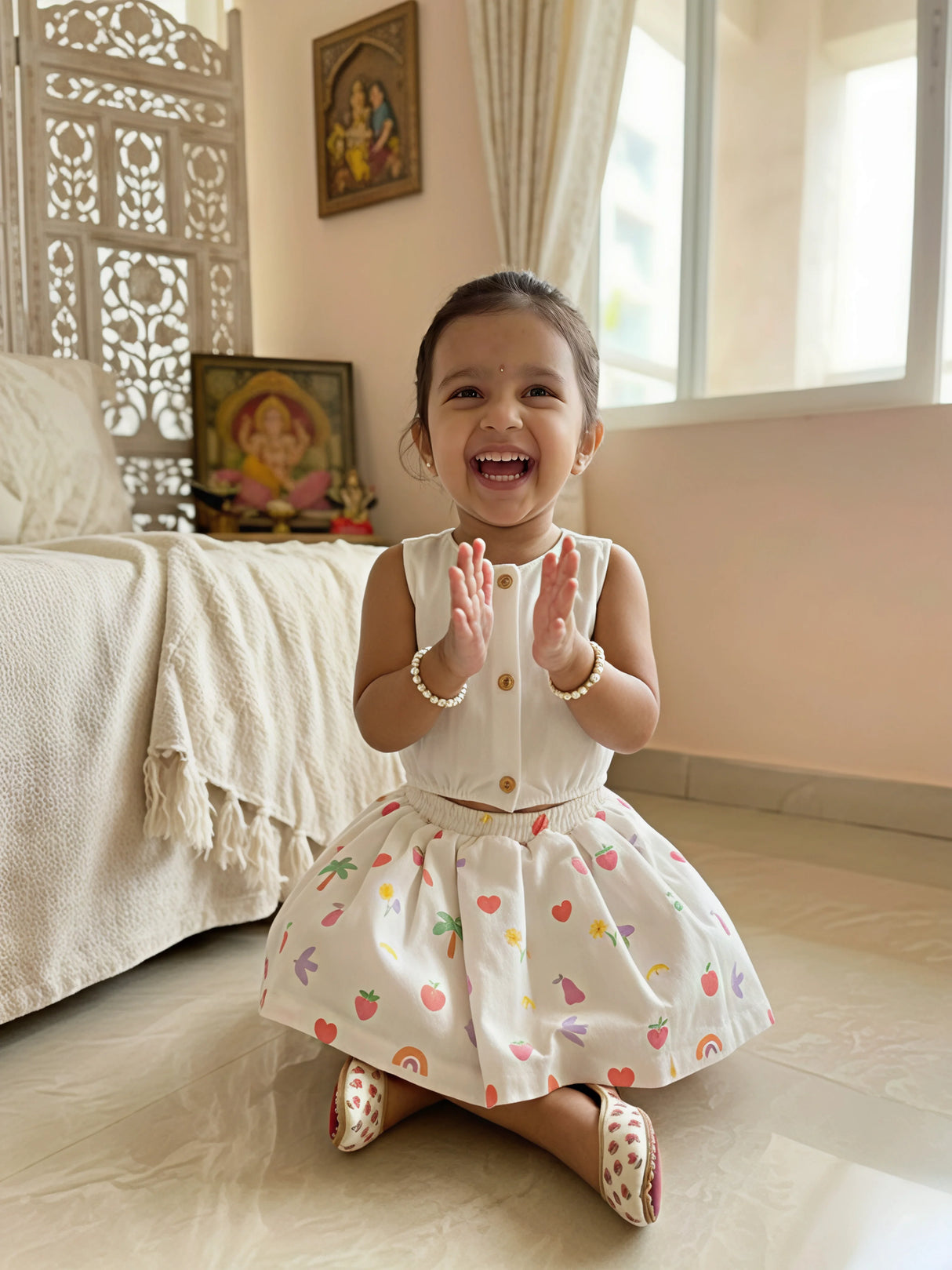 Girls' White Linen-Blend Button Crop Top & Printed Skirt Set