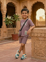 Boys Purple Textured "Cute" Co-ord Set with Matching Crossbody Bag