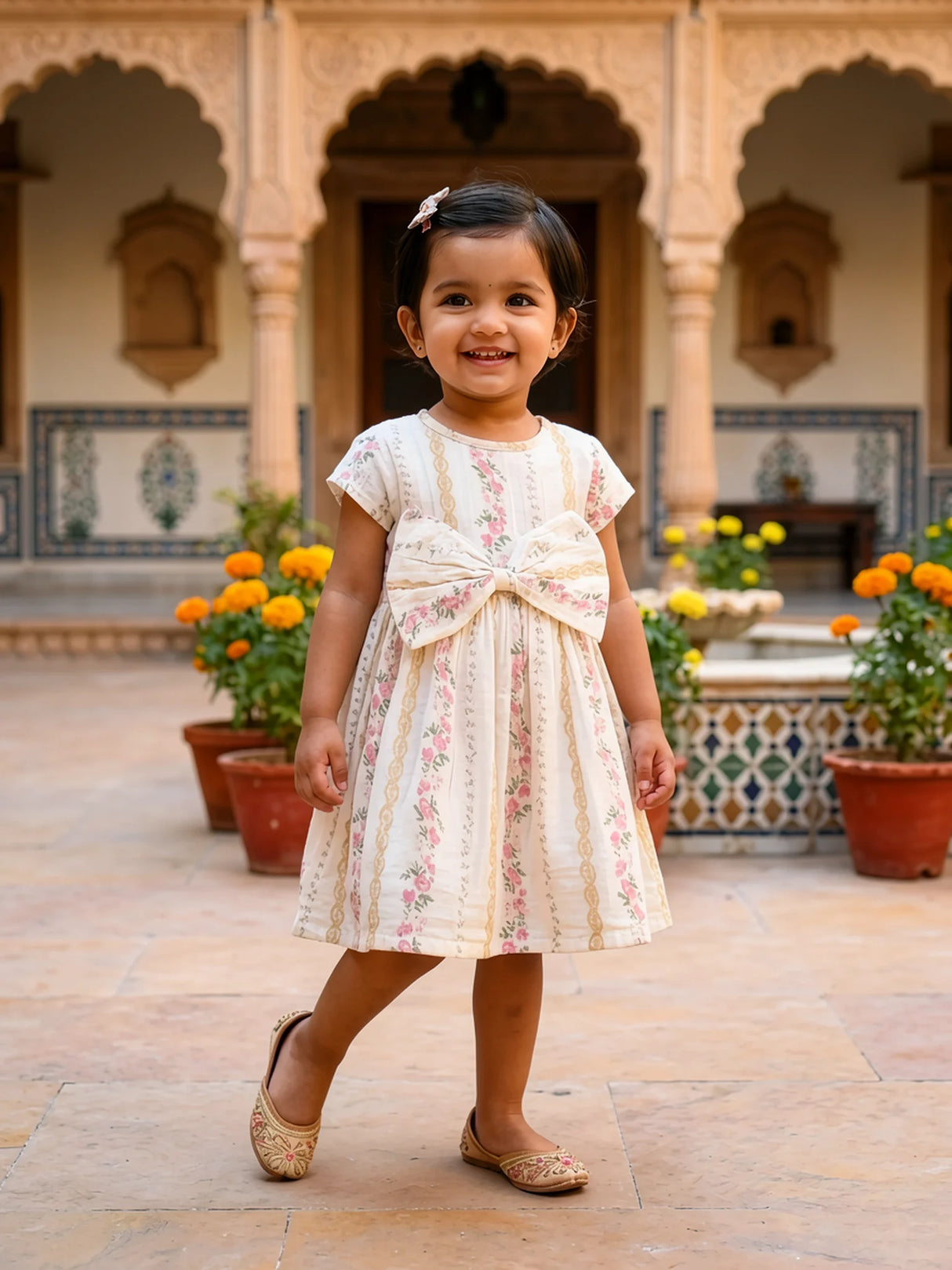 Elegant Cream Floral Bow Frock for Girls
