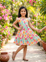 Girls Green Floral Print Ruffle Frock