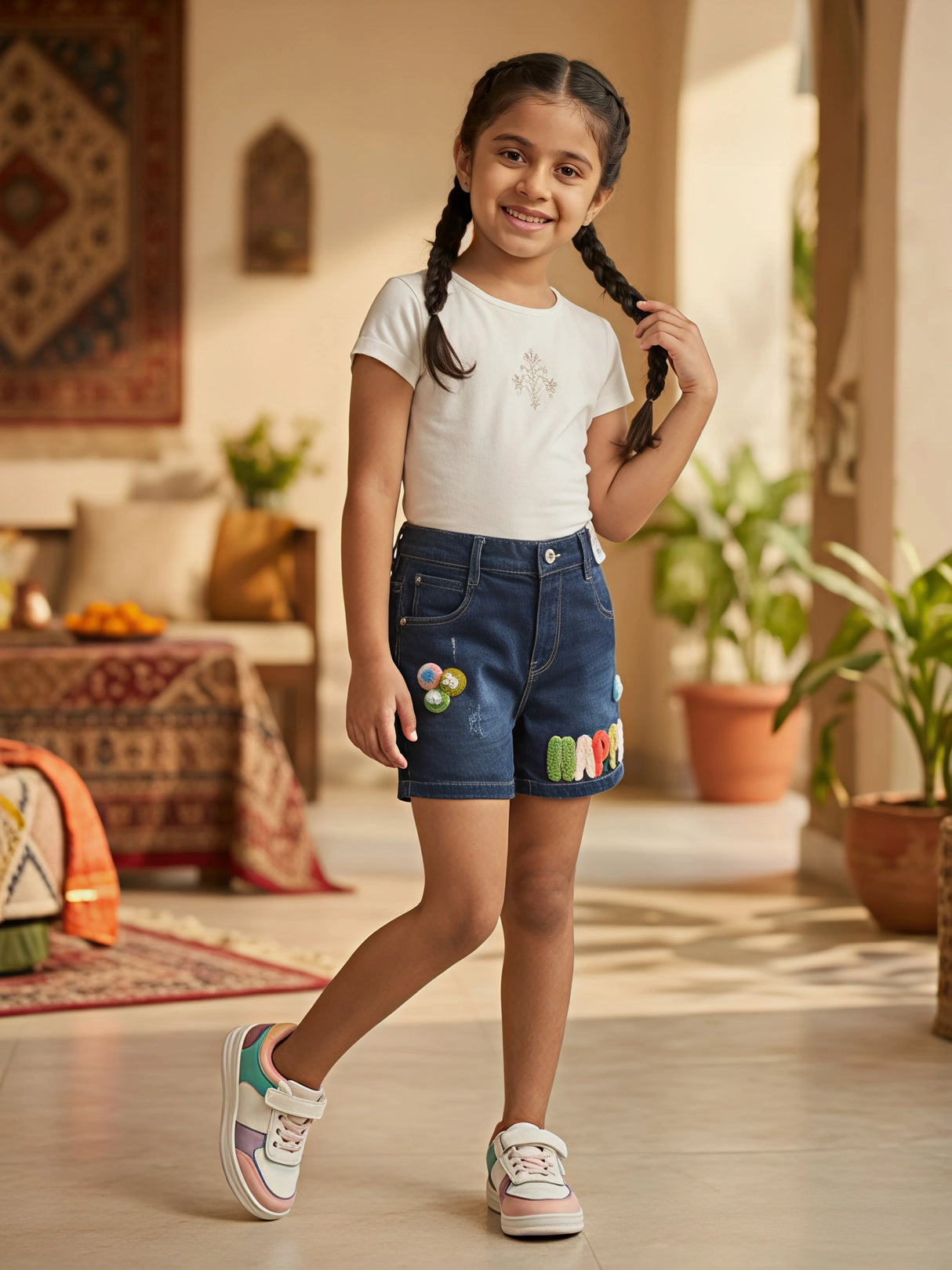 Girls Navy Blue "HAPPY" Appliqué Denim Shorts
