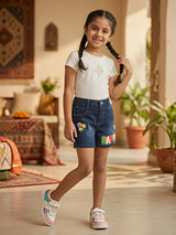 Girls Navy Blue "HAPPY" Appliqué Denim Shorts