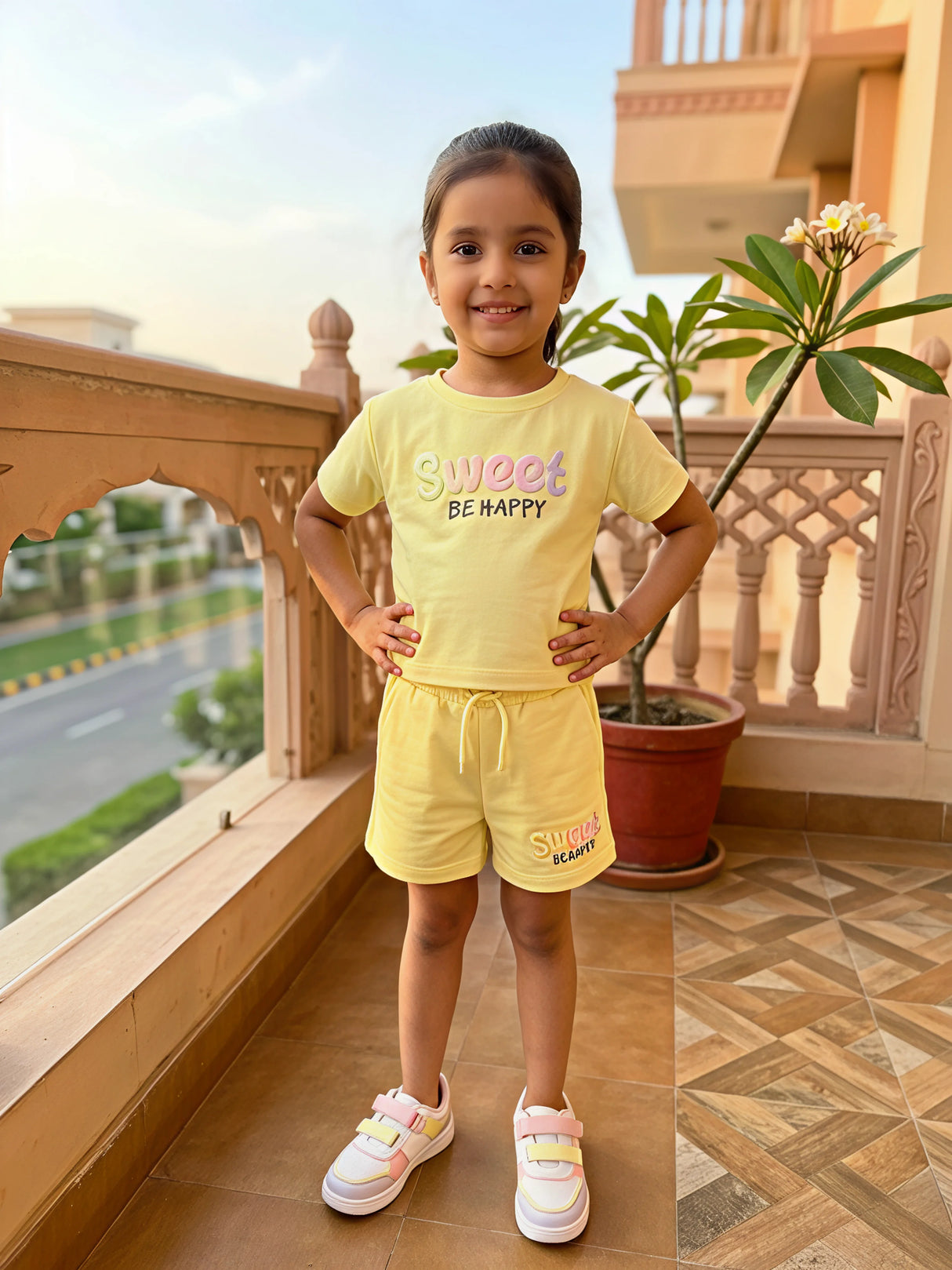 Girls Yellow "Sweet" Graphic Cotton Co-ord Set