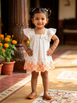 Cream Embroidered Girls Frock with Ruffle Sleeves