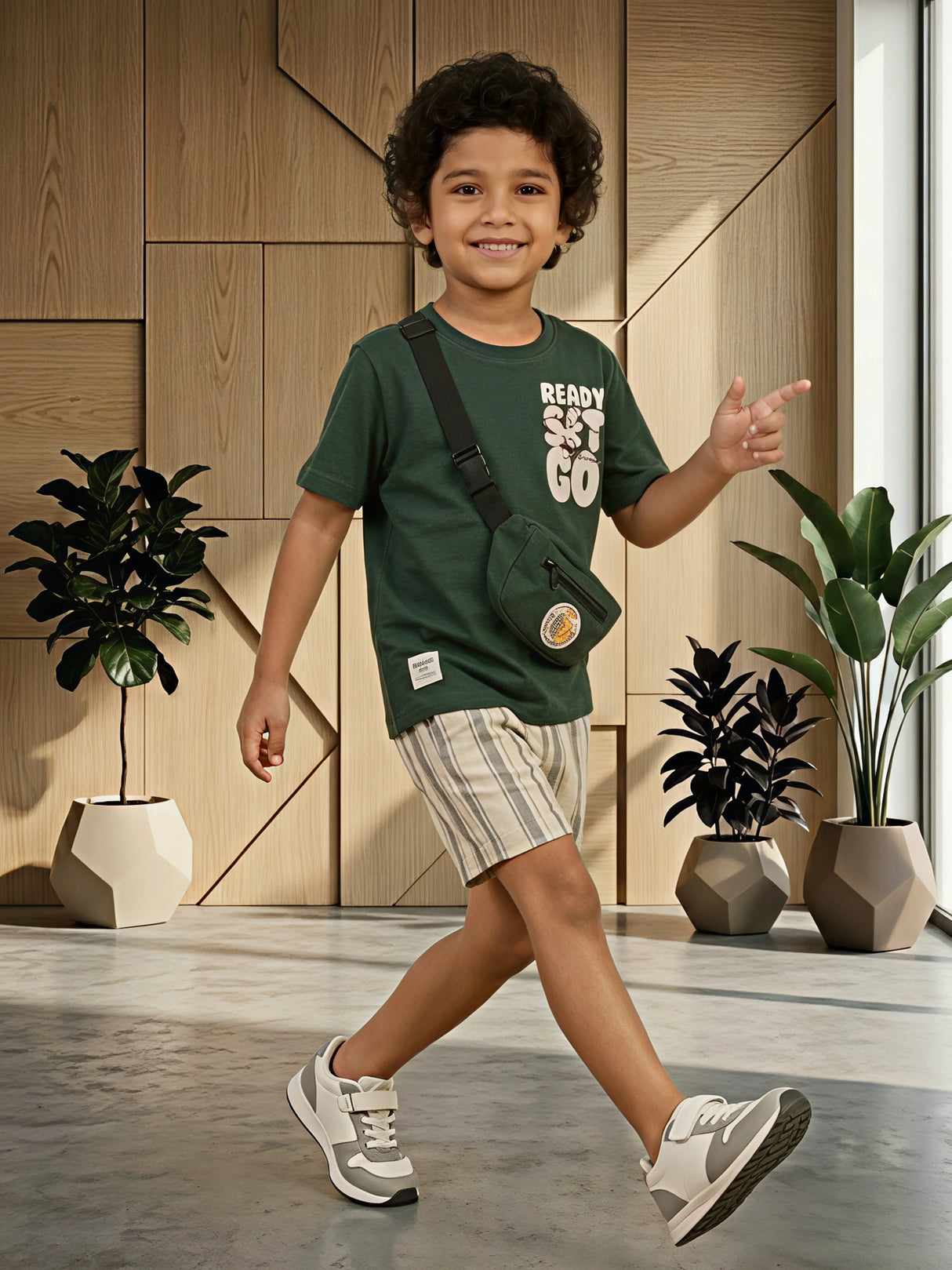 Boys Ready Set Go Green Cotton T-Shirt & Striped Shorts Co-ord Set
