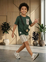 Boys Ready Set Go Green Cotton T-Shirt & Striped Shorts Co-ord Set