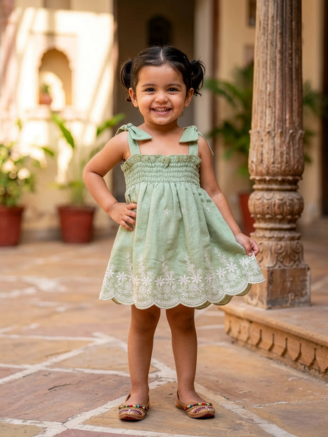 Sage Green Smocked Cotton Frock for Girls