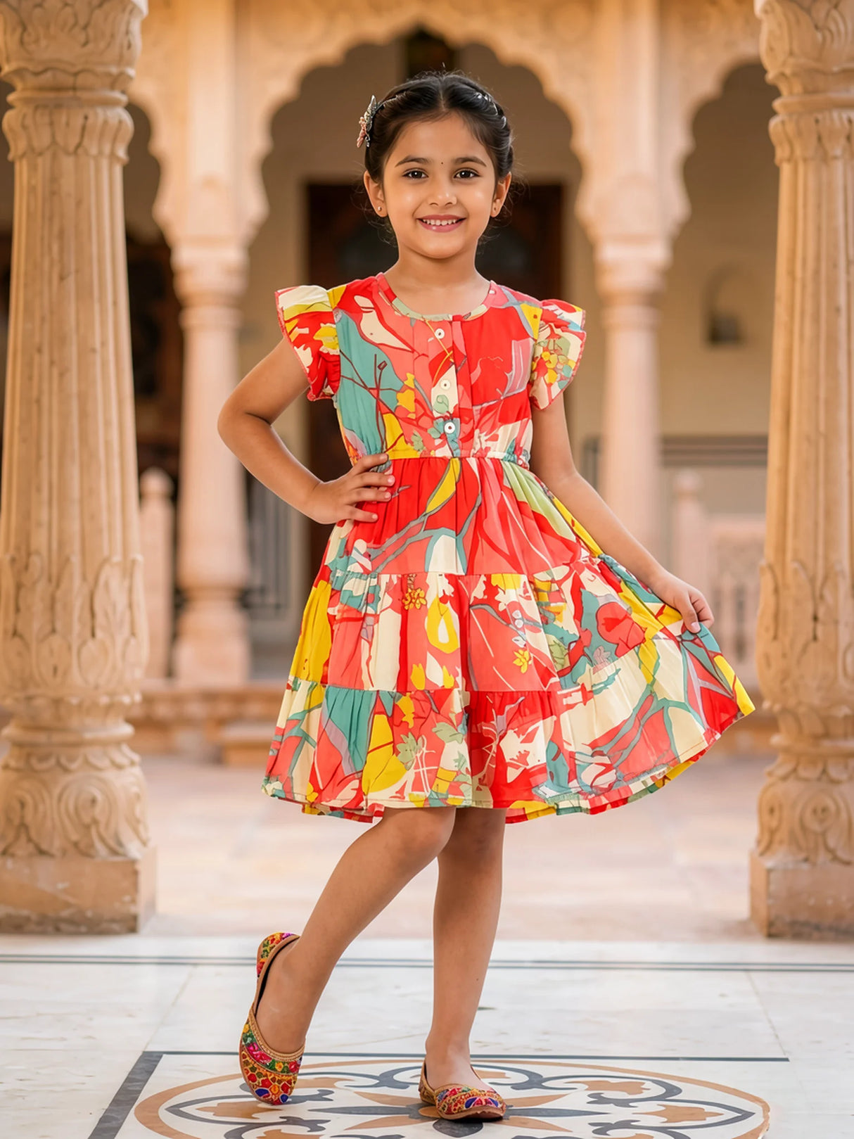 Vibrant Orange Floral Tiered Frock for Girls