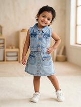 Girls' Sleeveless Denim Vest and Button-Front Skirt Co-ord Set - Light Blue