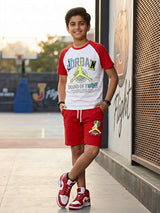 Boys Red and White Varsity Athletic Coordinate Set.